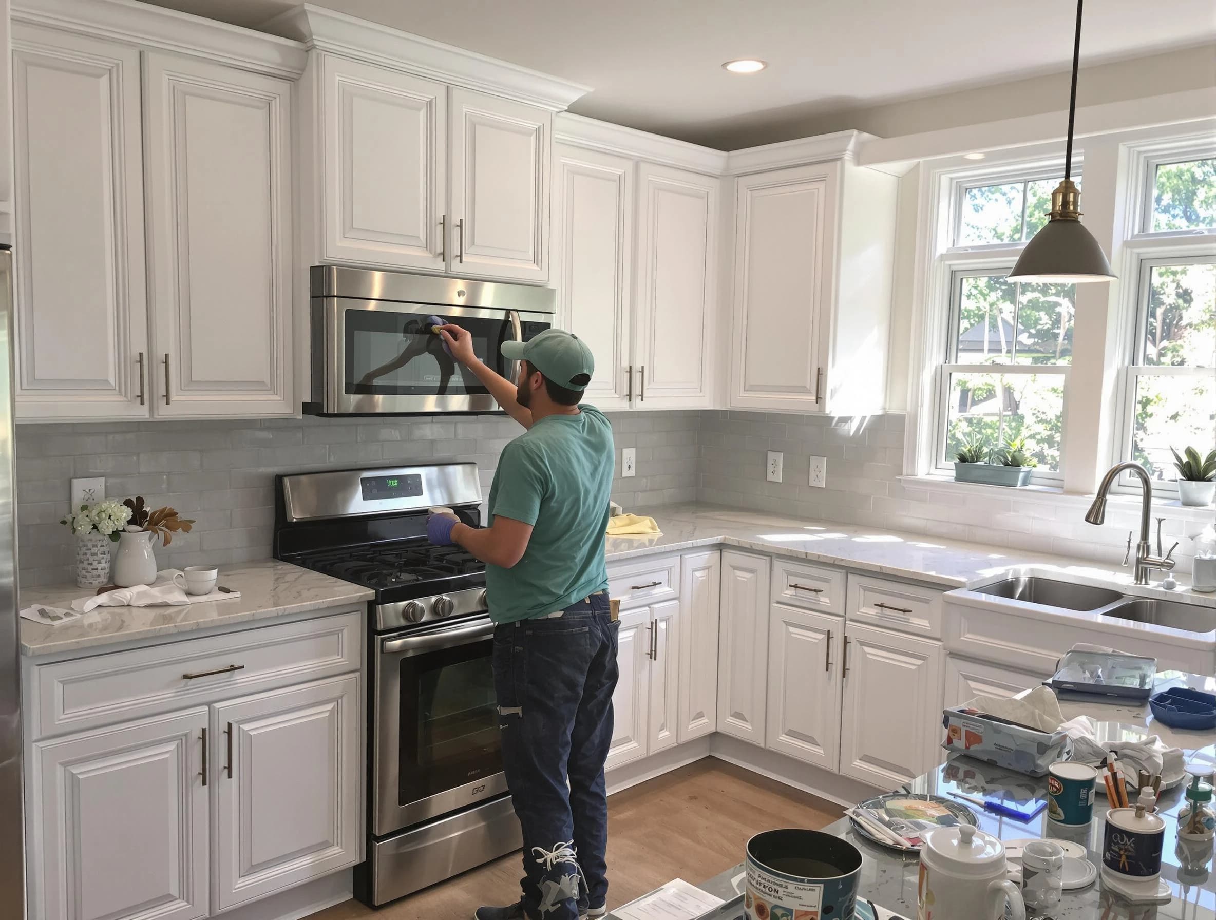 Kitchen cabinets being refinished by Fountain Hills House Painters in Fountain Hills, AZ
